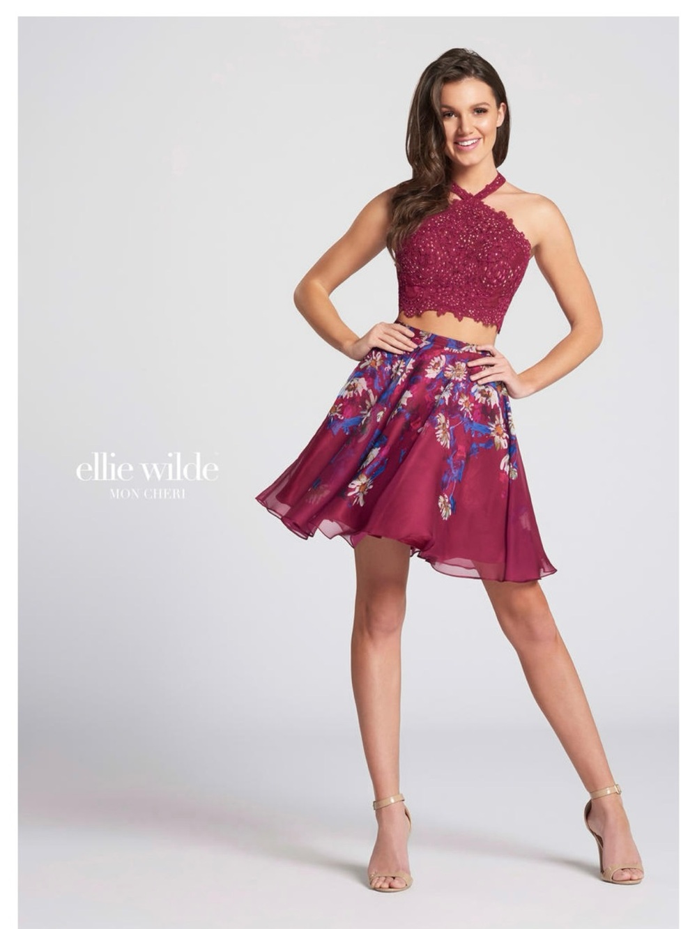ellie wilde Berry Halter Beaded Crop Top with Floral Skirt
